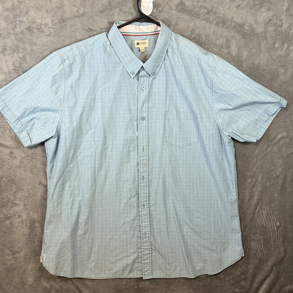 Haggar Men's XXL Regular Check Button-Up Shirt Blue Short Sleeve Pockets
